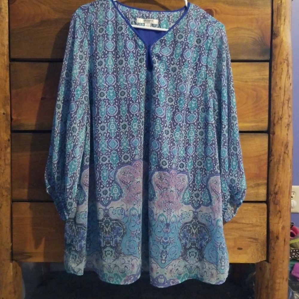 Blue, turquoise, black and pink layered blouse